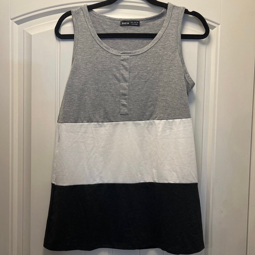 SHEIN Women’s Sleeveless Tri-tone Striped Scoop Neck Tank Tops Size M Gray Black